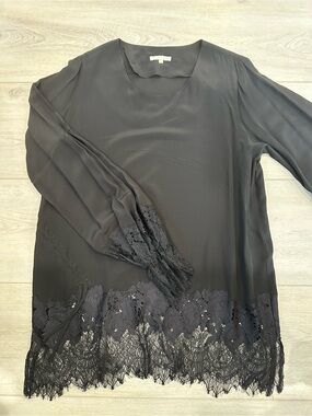 Gold Hawk Black Silk Lace Trim Blouse